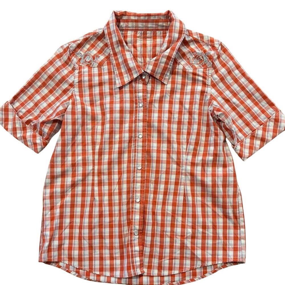 Bit & Bridle‎ Western Top Shirt M Pearl Snap Plaid Embroidered Cowgirl Festival